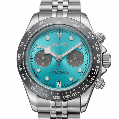 D-racing BlackBay Turquoise Chrono con esfera turquesa, imagen generada a partir del modelo Pink.