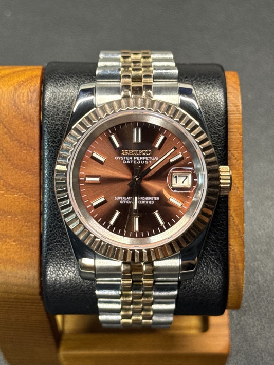 DJ-Fluted "Two Tone Rosegold Brown" - Reloj automático personalizado con cristal de zafiro | XP Watch Co.