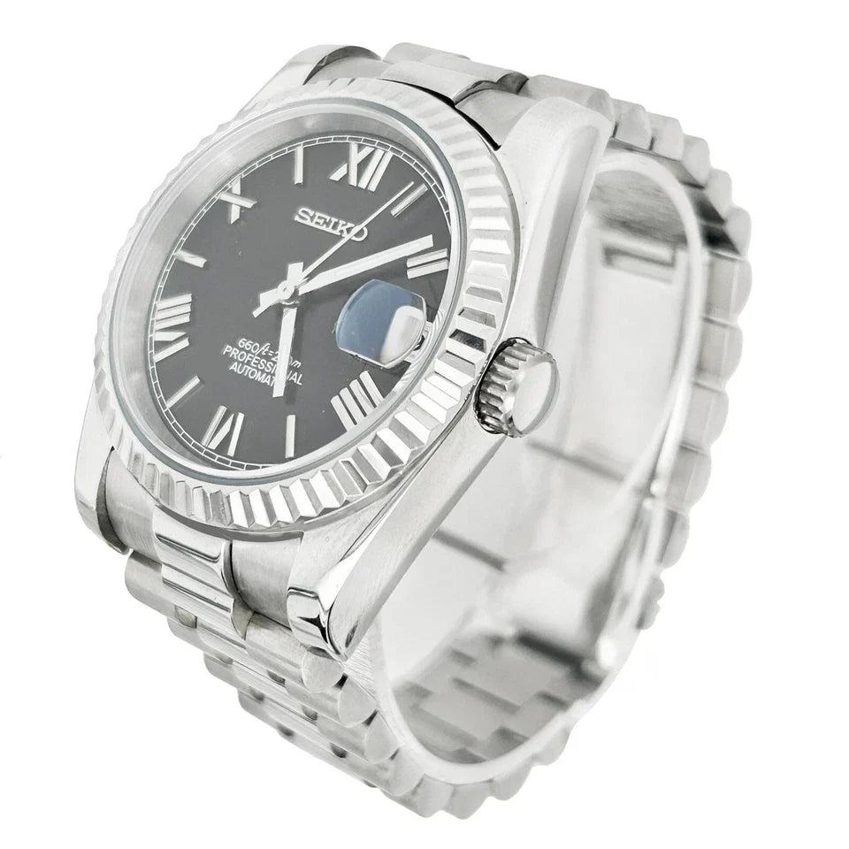 DJ-Fluted "Black Roman" - Reloj personalizado con cristal de zafiro y acero inoxidable 316L | XP Watch Co.