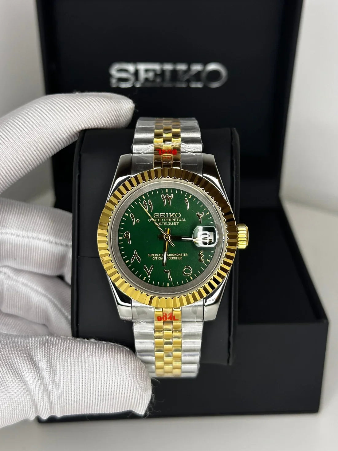 DJ-Fluted Silver Gold - Arabic "Green" con movimiento NH35, acero 316L y cristal zafiro | XP Watch Co.