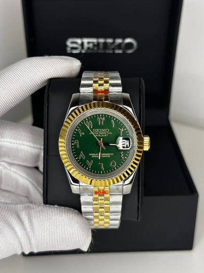 DJ-Fluted Silver Gold - Arabic "Green" con movimiento NH35, acero 316L y cristal zafiro | XP Watch Co.