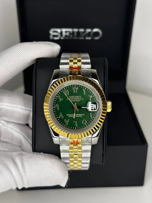 DJ-Fluted Silver Gold - Arabic "Green" con movimiento NH35, acero 316L y cristal zafiro | XP Watch Co.