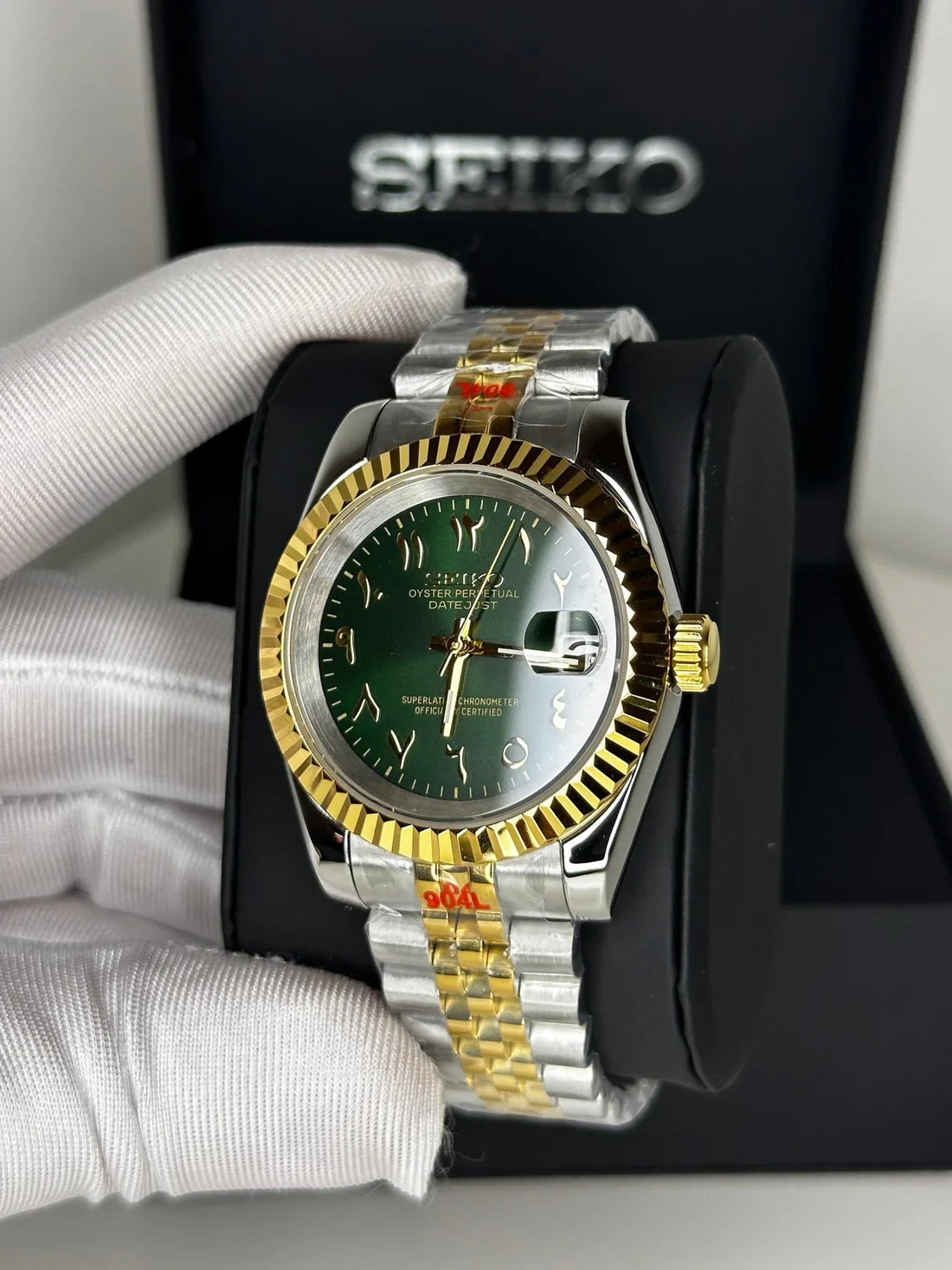 DJ-Fluted Silver Gold - Arabic "Green" con movimiento NH35, cristal zafiro y acero 316L | XP Watch Co.