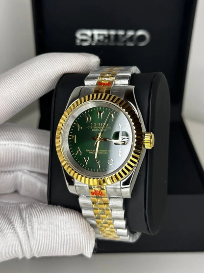 DJ-Fluted Silver Gold - Arabic "Green" con movimiento NH35, cristal zafiro y acero 316L | XP Watch Co.