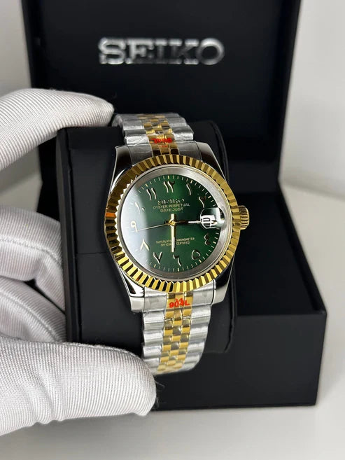 DJ-Fluted Silver Gold - Arabic "Green" con movimiento NH35 acero 316L cristal zafiro | XP Watch Co.