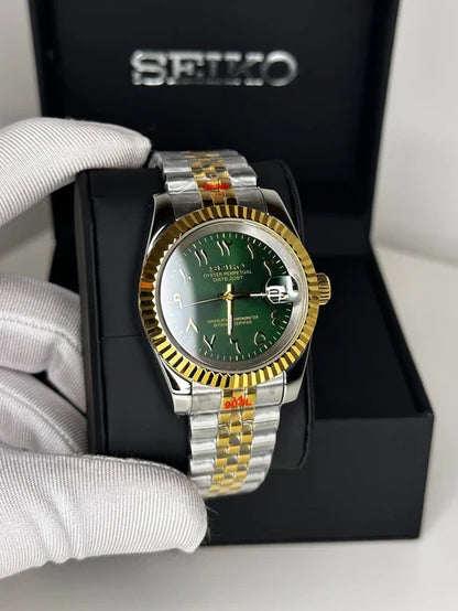 DJ-Fluted Silver Gold - Arabic "Green" con movimiento NH35 acero 316L cristal zafiro | XP Watch Co.
