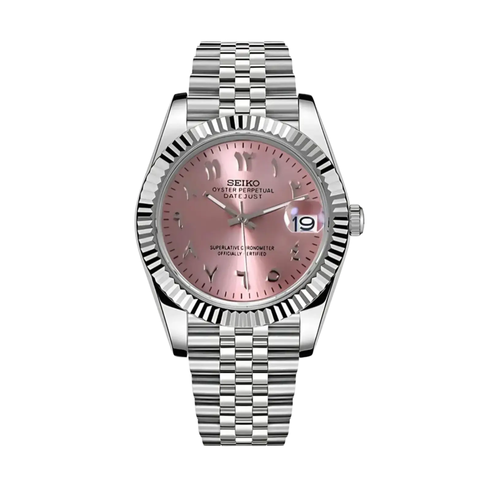 DJ-Fluted "Pink" Árabe - Reloj personalizado con cristal de zafiro y acero inoxidable 316L | XP Watch Co.