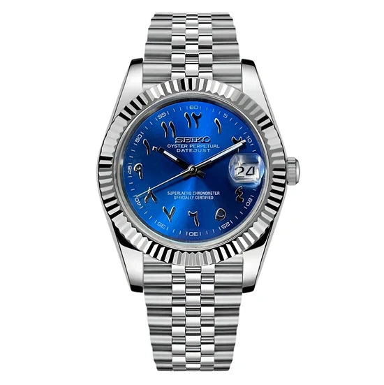 DJ-Fluted "Sunburst Blue" Árabe - Reloj personalizado con cristal de zafiro y acero inoxidable 316L | XP Watch Co.
