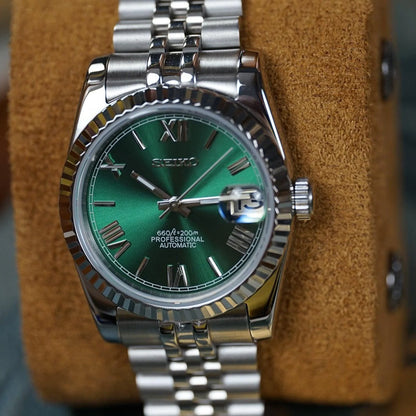 DJ-Fluted "Green Roman" - Reloj automático personalizado con cristal de zafiro y acero inoxidable 316L | XP Watch Co.