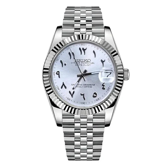 DJ-Fluted "Silver" Árabe con movimiento NH35, cristal zafiro y acero 316L | XP Watch Co.