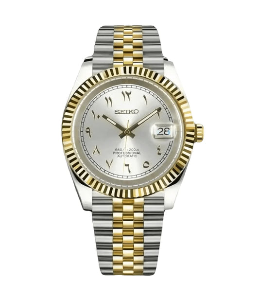 DJ-Fluted Two-Tone Arabic "Pure White" - Reloj personalizado con cristal de zafiro y acero inoxidable 316L | XP Watch Co.