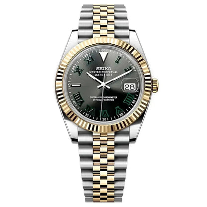 DJ-Fluted "Two Tone gold W/Black Roman" (Wimbledon) - Reloj personalizado con cristal de zafiro | XP Watch Co.