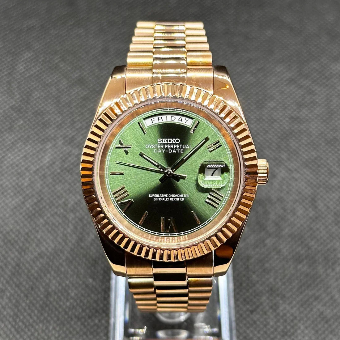 DD-President "Mint Green Roman Rose Gold" - Reloj personalizado con cristal de zafiro y acero inoxidable 316L | XP Watch Co.