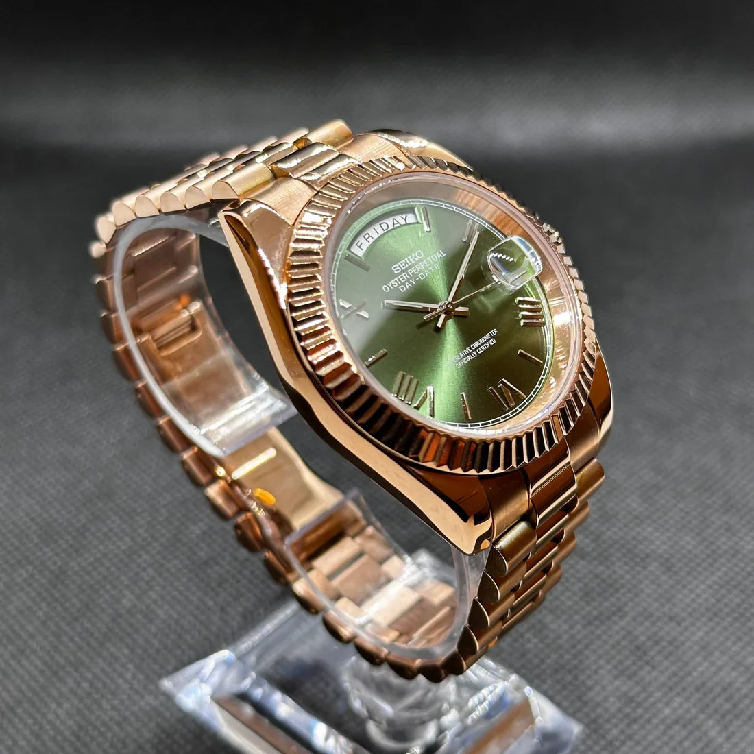 DD-President "Mint Green Roman Rose Gold" - Reloj personalizado con cristal de zafiro y acero inoxidable 316L | XP Watch Co.