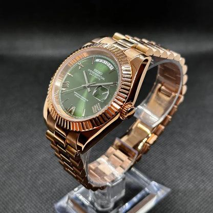 DD-President "Mint Green Roman Rose Gold" - Reloj personalizado con cristal de zafiro y acero inoxidable 316L | XP Watch Co.