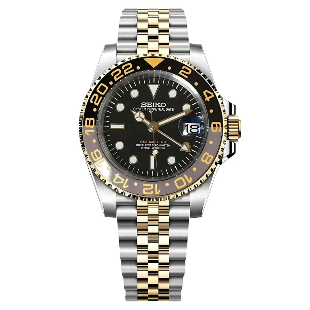 GMT Dual-Time Dual-Time "Two-tone Gold Black" - Reloj personalizado con cristal de zafiro y acero 316L | XP Watch Co.