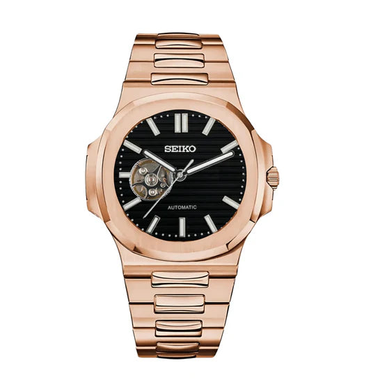 Reloj Automático XP Mod XP Mod Nautic "Open Heart" Rose Gold Black con movimiento NH35, acero 316L y cristal zafiro | XP Watch Co.
