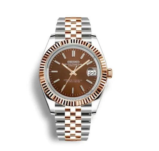 Reloj Automático XP Mod XP Mod DJ-Fluted "Two Tone Rose Gold W/Brown" con movimiento NH35, acero 316L y cristal zafiro | XP Watch Co.