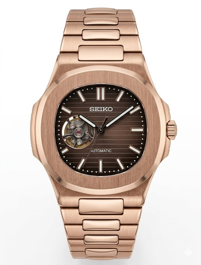 Nautic "Open Heart" Rose Gold Chocolate - Reloj personalizado con cristal de zafiro y movimiento automático NH35 | XP Watch Co.