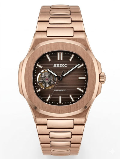 Nautic "Open Heart" Rose Gold Chocolate - Reloj personalizado con cristal de zafiro y movimiento automático NH35 | XP Watch Co.