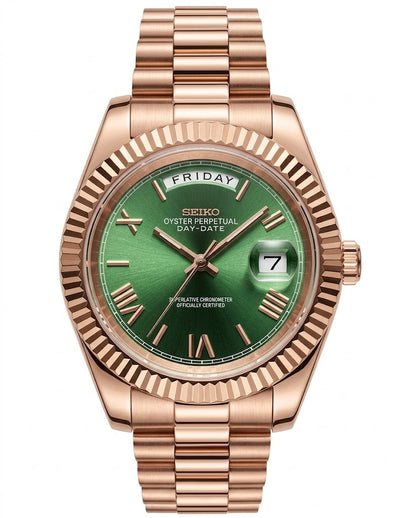 DD-President "Mint Green Roman Rose Gold" - Reloj personalizado con movimiento automático NH35 y acero inoxidable 316L | XP Watch Co.