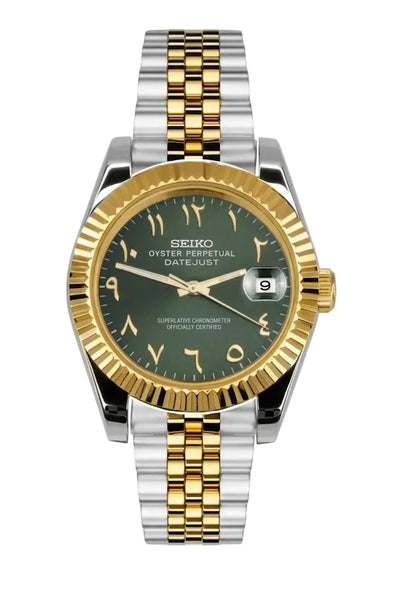 DJ-Fluted Silver Gold - Arabic "Green" con movimiento NH35, cristal zafiro y acero 316L | XP Watch Co.