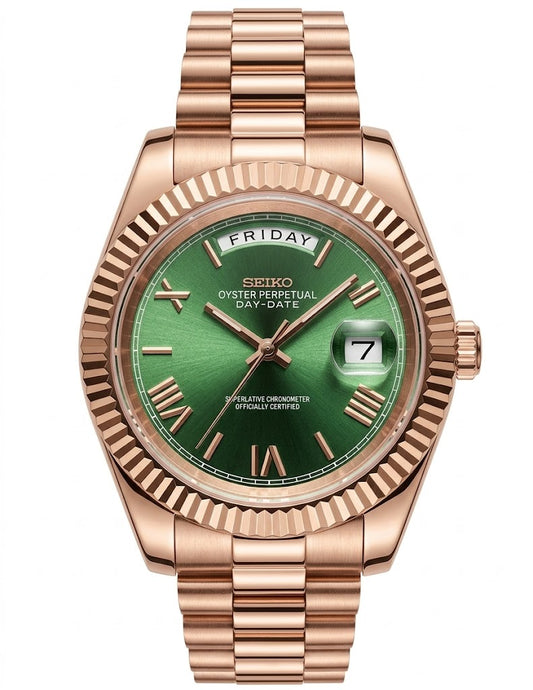 Reloj Automático XP Mod XP Mod DD-President "Mint Green Roman Rose Gold" con movimiento NH35, cristal zafiro y acero 316L | XP Watch Co.