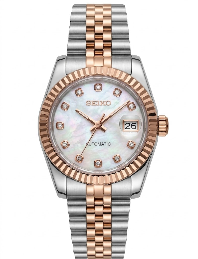 Ladyjust Two Tone Rose Gold Mother of Pearl & Diamonds - Reloj personalizado con cristal de zafiro y acero inoxidable 316L | XP Watch Co.