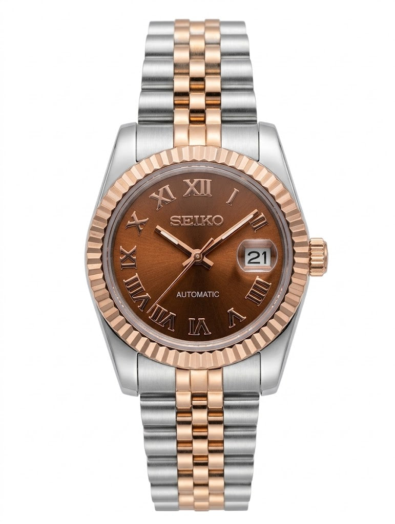 Ladyjust | Two-Tone RoseGold Bronze Roman - Reloj personalizado con cristal de zafiro y acero inoxidable 316L | XP Watch Co.