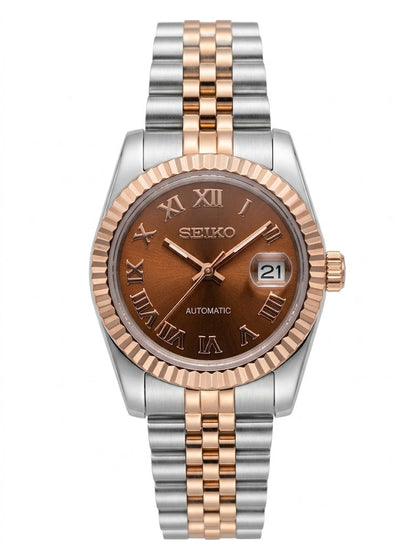 Ladyjust | Two-Tone RoseGold Bronze Roman - Reloj personalizado con cristal de zafiro y acero inoxidable 316L | XP Watch Co.