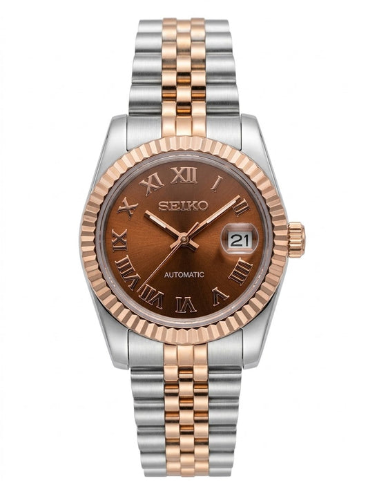 Ladyjust | Two-Tone RoseGold Bronze Roman - Reloj personalizado con cristal de zafiro y acero inoxidable 316L | XP Watch Co.