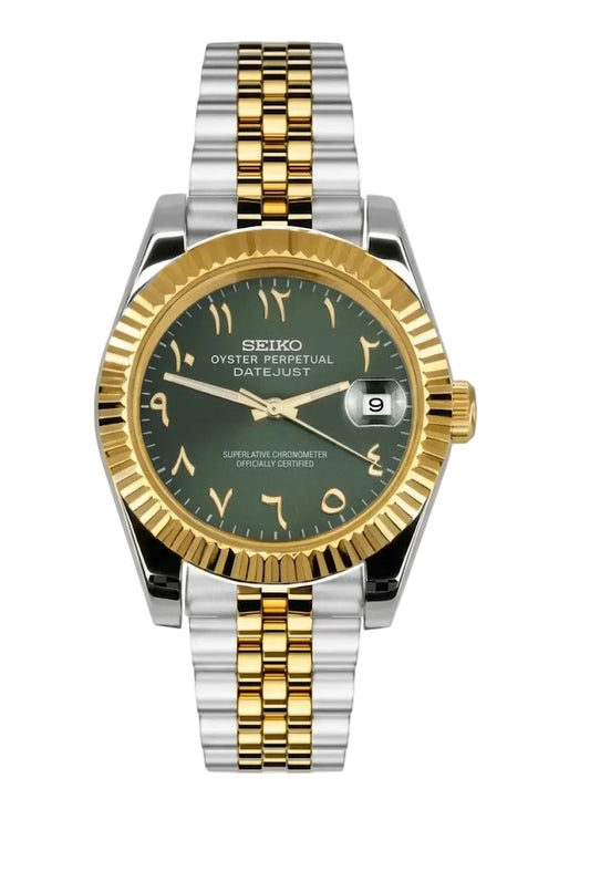 Reloj Automático XP Mod XP Mod DJ-Fluted Silver Gold - Arabic "Green" con movimiento NH35, cristal zafiro y acero 316L | XP Watch Co.