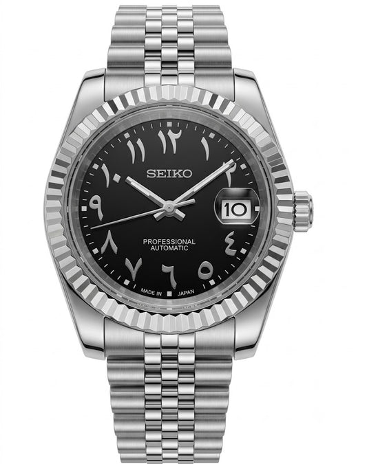 DJ-Fluted "Black" Árabe - Reloj personalizado con cristal de zafiro y acero inoxidable 316L | XP Watch Co.